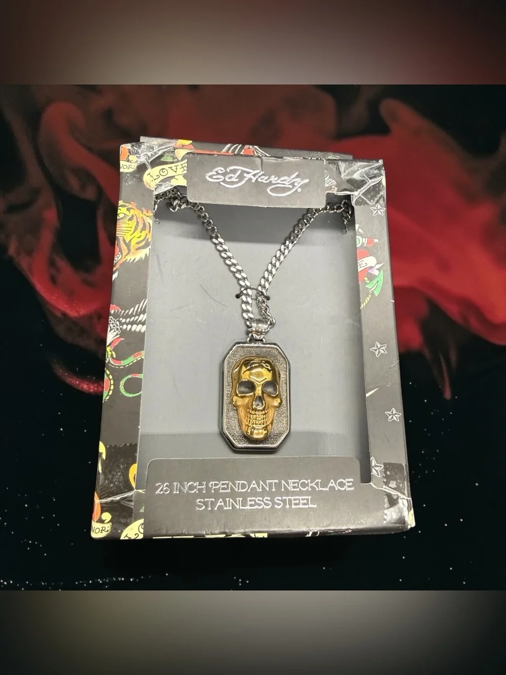 ☠️ED HARDY☠️Mens Two-Tone Skull Stainless Steel Pendant Necklace/NIB